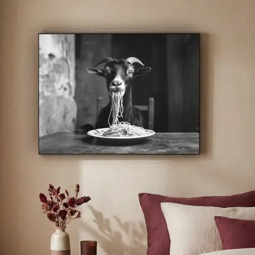 Geit - Bord - Spaghetti - Zwart Wit Textielframe zwart klein -sfeer1