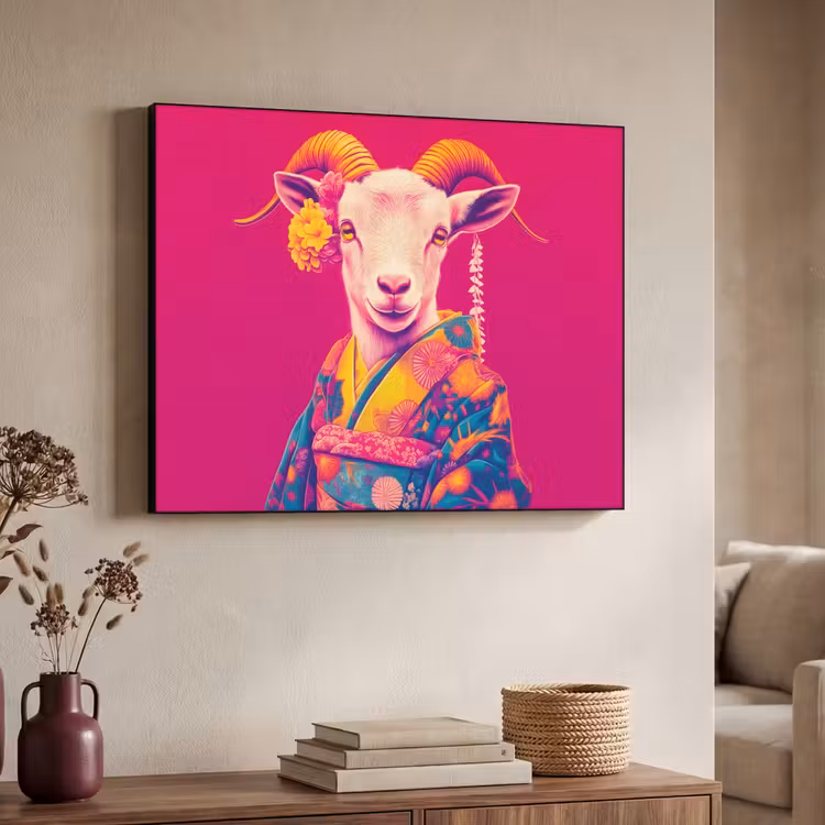 Geit - Hoorns - Kimono - Kleurrijk Textielframe - compleet frame klein -sfeer3