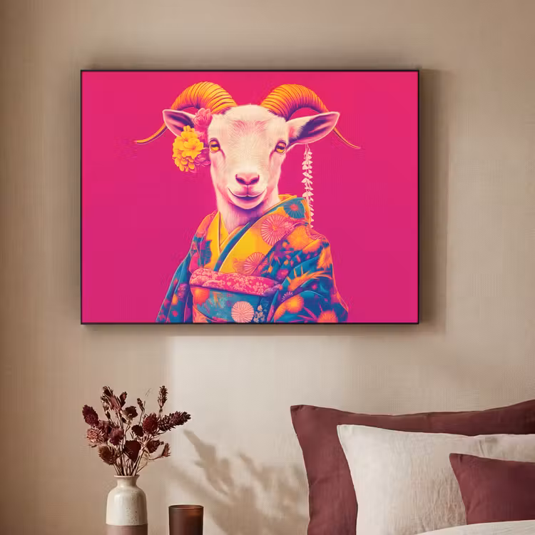 Geit - Hoorns - Kimono - Kleurrijk Textielframe zwart klein -sfeer1
