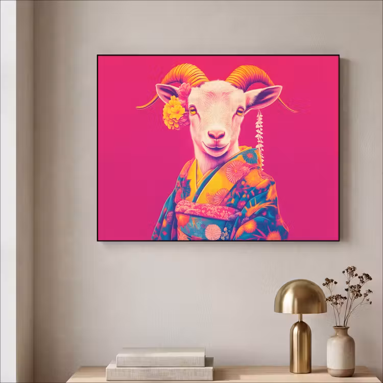 Geit - Hoorns - Kimono - Kleurrijk Textielframe - compleet frame klein -sfeer2