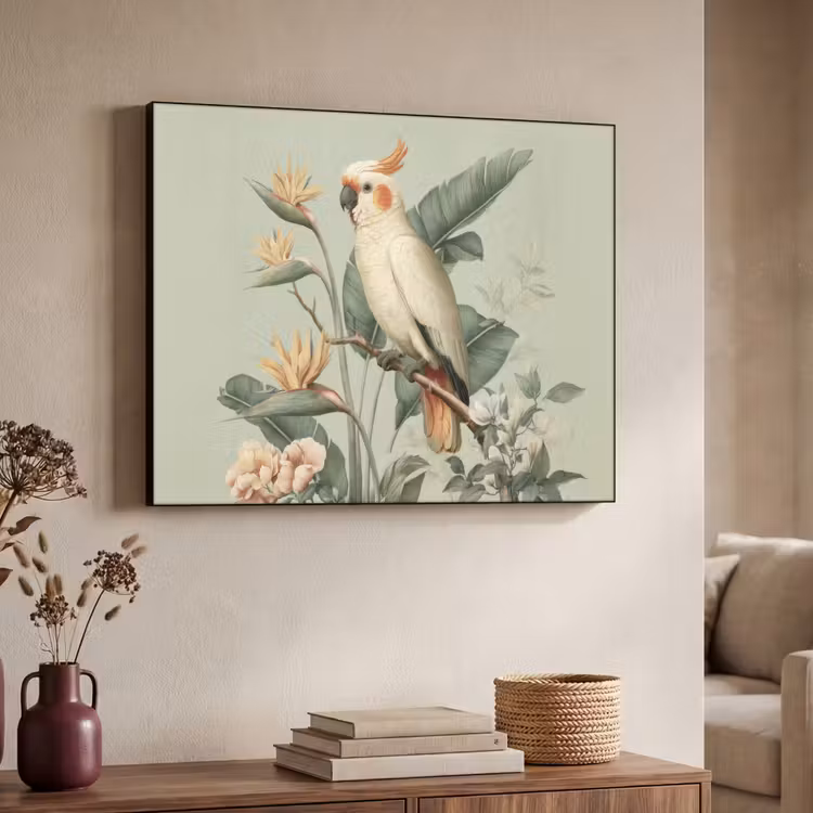 Gele kuifkaketoe - paradijsvogelbloemen - Groen Textielframe zwart klein -sfeer3