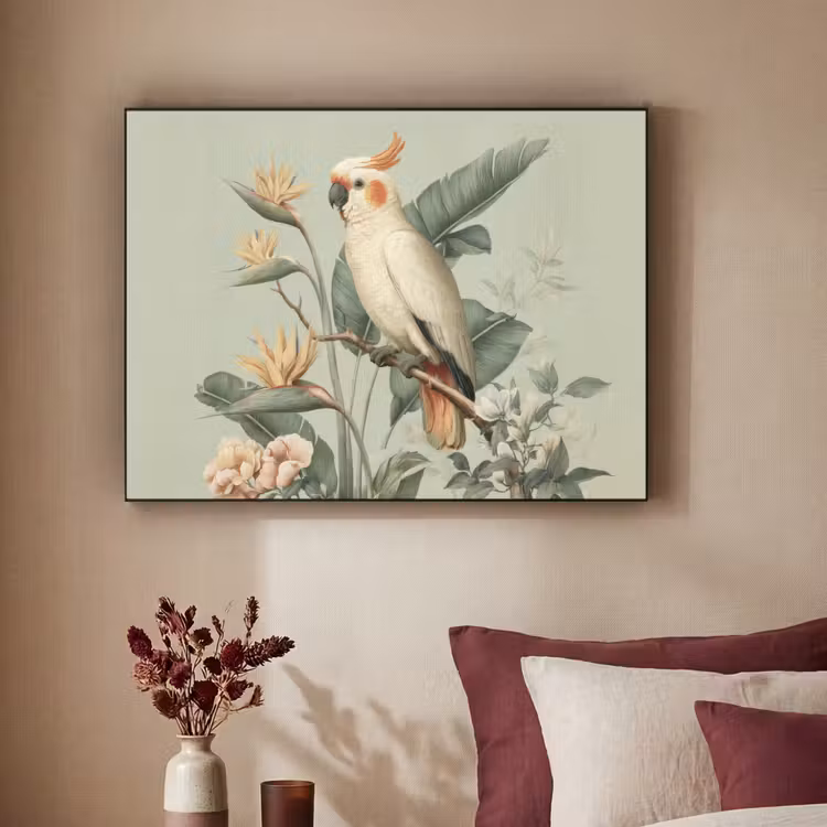 Gele kuifkaketoe - paradijsvogelbloemen - Groen Textielframe zwart klein -sfeer1