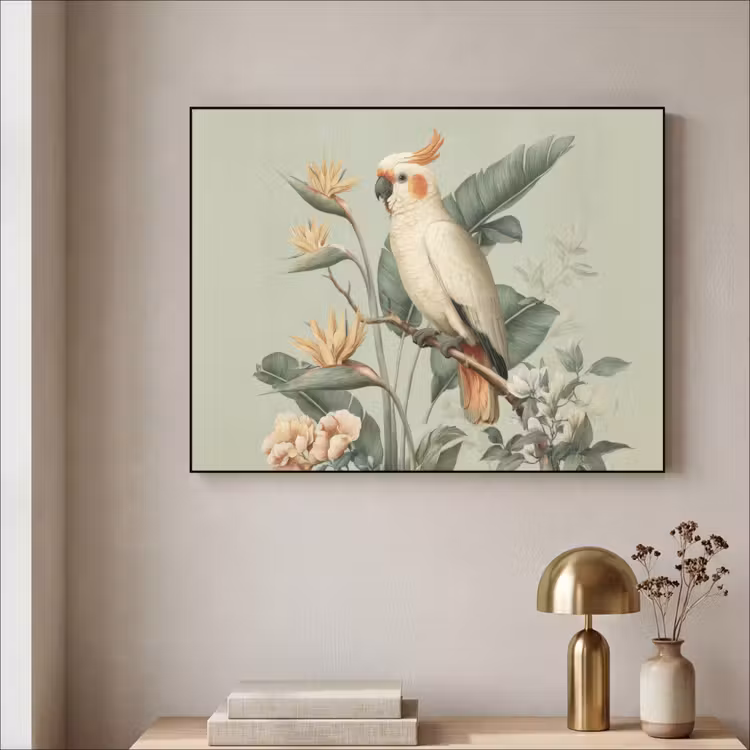Gele kuifkaketoe - paradijsvogelbloemen - Groen Textielframe - compleet frame klein -sfeer2