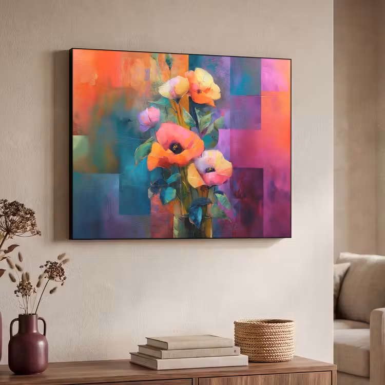 Geometrische kleurvlaken - Modern - Fantasiebloemen Textielframe zwart klein -sfeer3