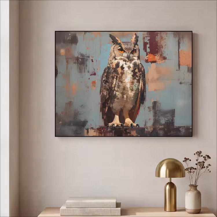Geschilderd - Abstract - Uil - Bruin Textielframe - compleet frame klein -sfeer2