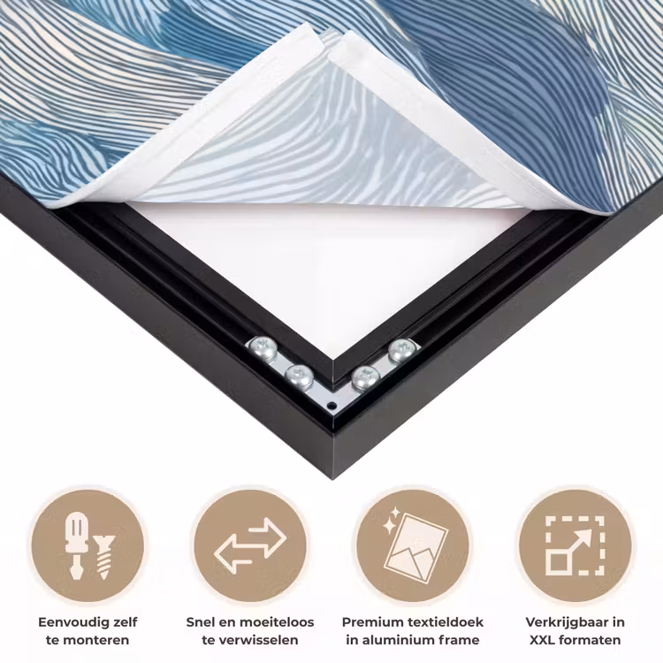 Getekend - Blauw - Wit - Golvend - Streepjes Textielframe zwart klein 947 -USP_closeupNL