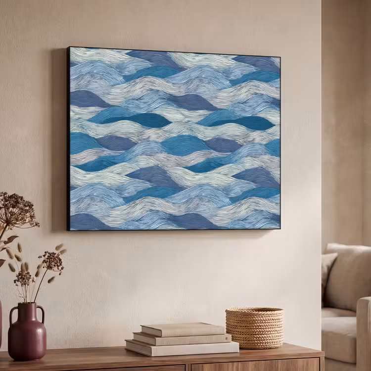 Getekend - Blauw - Wit - Golvend - Streepjes Textielframe zwart klein 947 -sfeer3
