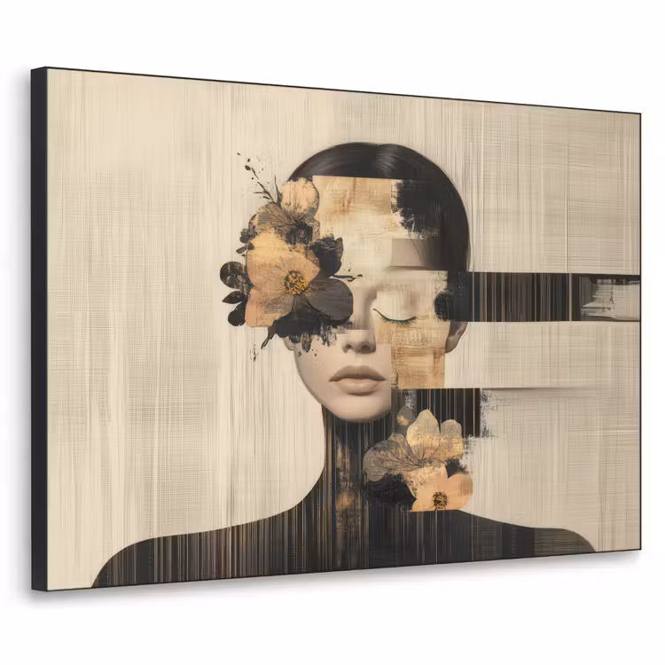 Gezicht - Bloemen - Zwart - Vrouw Textielframe - compleet frame klein -3d