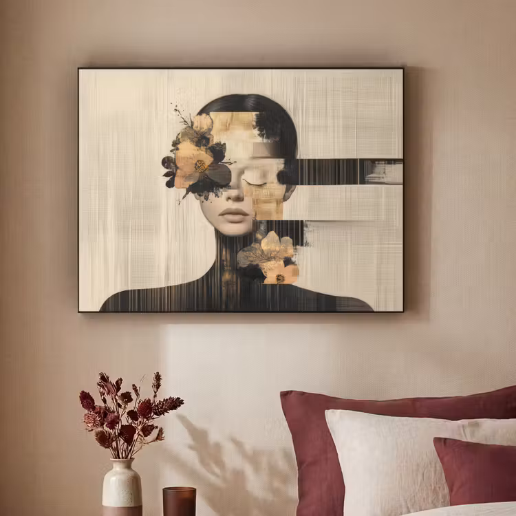 Gezicht - Bloemen - Zwart - Vrouw Textielframe - compleet frame klein -sfeer1