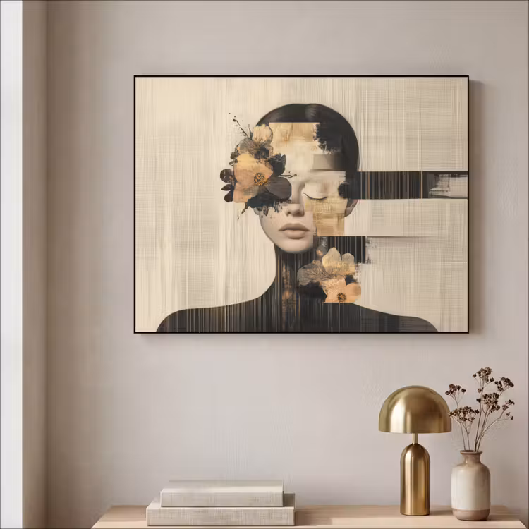 Gezicht - Bloemen - Zwart - Vrouw Textielframe - compleet frame klein -sfeer2