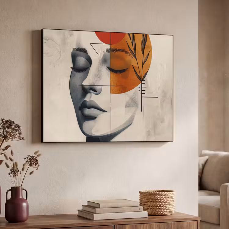 Gezicht - Cirkels - Kunst - Modern Textielframe - compleet frame klein -sfeer3
