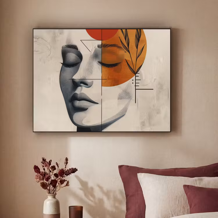 Gezicht - Cirkels - Kunst - Modern Textielframe - compleet frame klein -sfeer1
