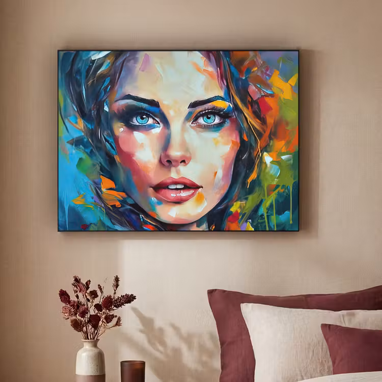 Gezicht - Vrouw - Olieverf - Kleurrijk - Kunst Textielframe zwart klein -sfeer1