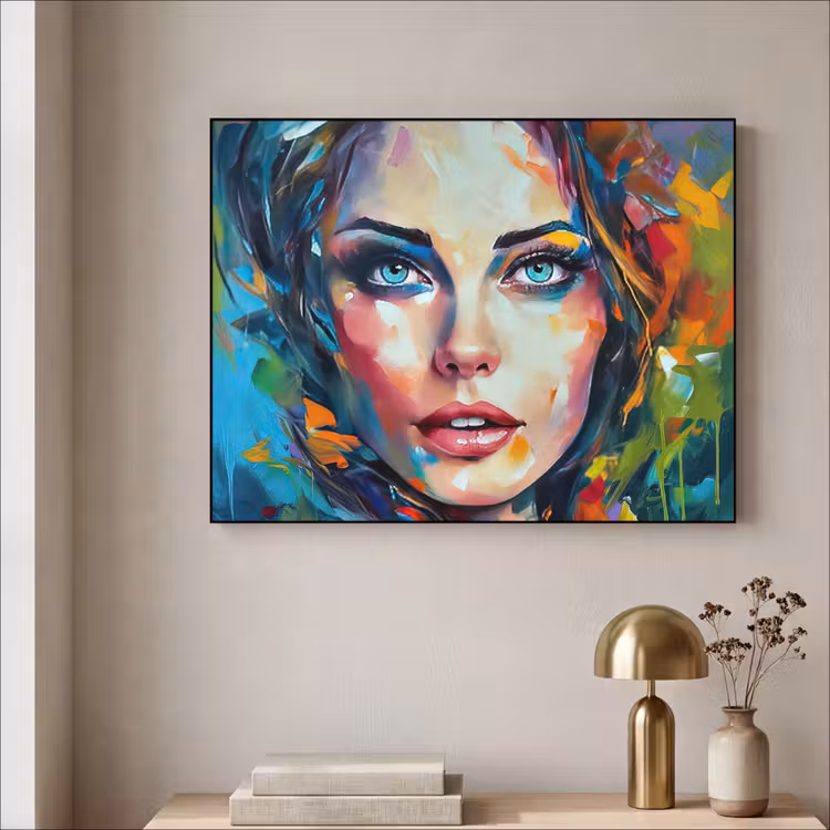 Gezicht - Vrouw - Olieverf - Kleurrijk - Kunst Textielframe zwart klein -sfeer2