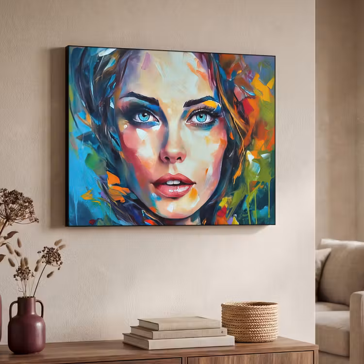 Gezicht - Vrouw - Olieverf - Kleurrijk - Kunst Textielframe zwart klein -sfeer3
