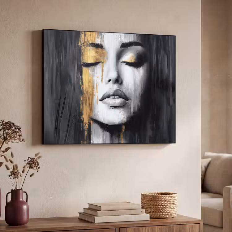 Gezicht - Vrouw - Penseelstreken - Abstract Textielframe zwart klein -sfeer3
