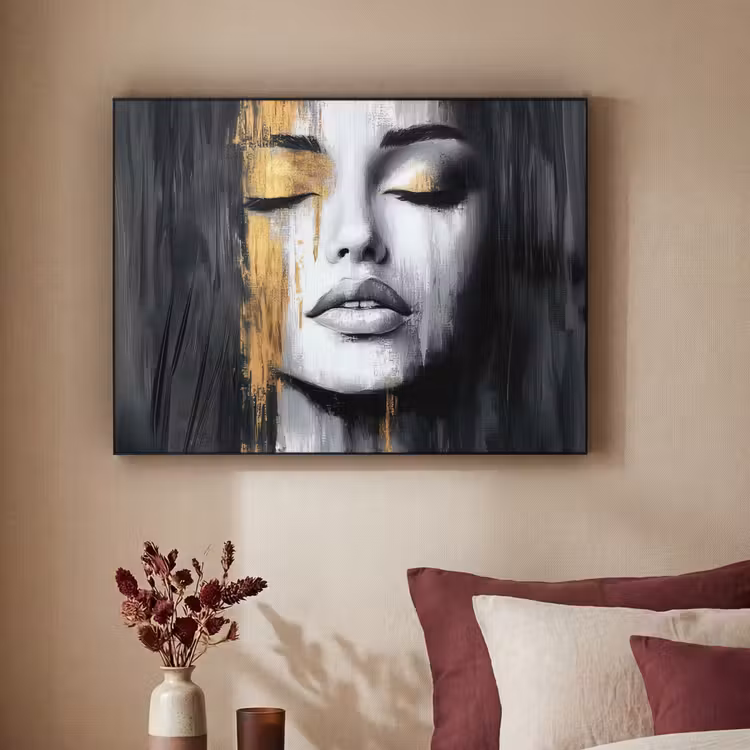 Gezicht - Vrouw - Penseelstreken - Abstract Textielframe zwart klein -sfeer1