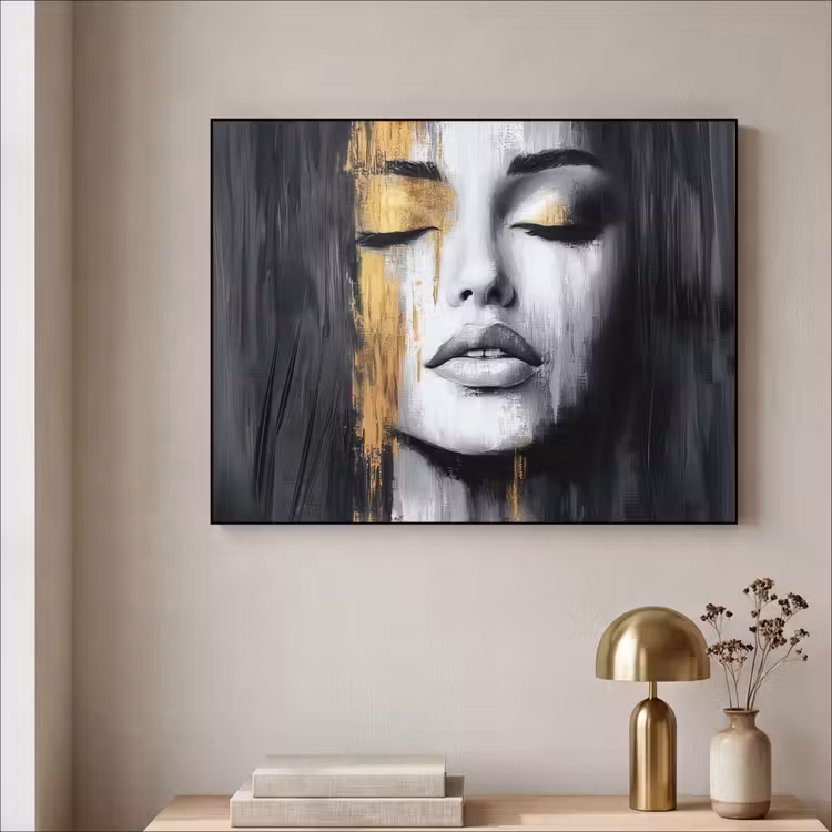 Gezicht - Vrouw - Penseelstreken - Abstract Textielframe - compleet frame klein -sfeer2