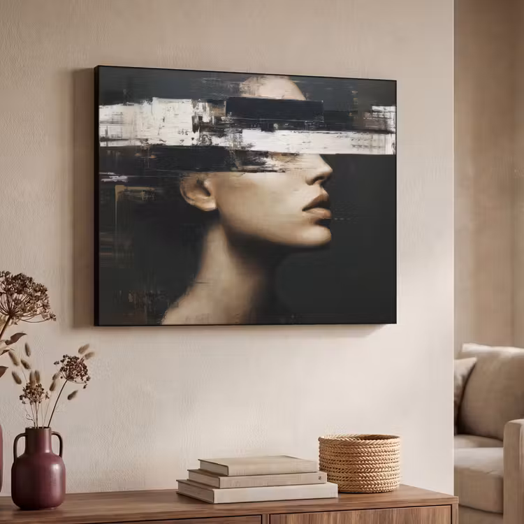 Gezicht - Vrouw - Zwart - Abstract Textielframe zwart klein -sfeer3