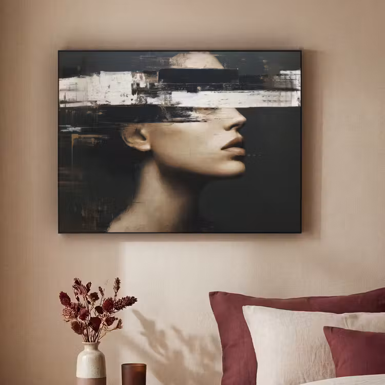Gezicht - Vrouw - Zwart - Abstract Textielframe - compleet frame klein -sfeer1