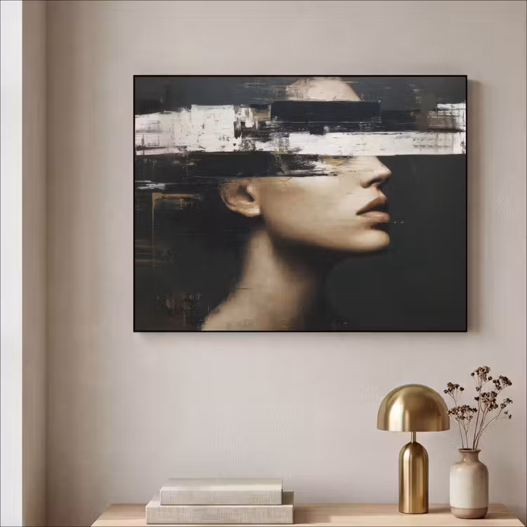 Gezicht - Vrouw - Zwart - Abstract Textielframe zwart klein -sfeer2