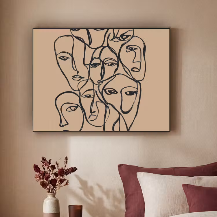Gezichtenzee - Lijntekening - Abstract Textielframe zwart klein -sfeer1