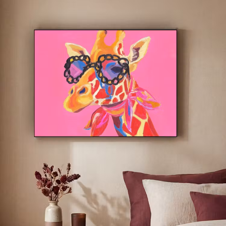 Giraf - Roze - Bril - Sjaal Textielframe zwart klein -sfeer1