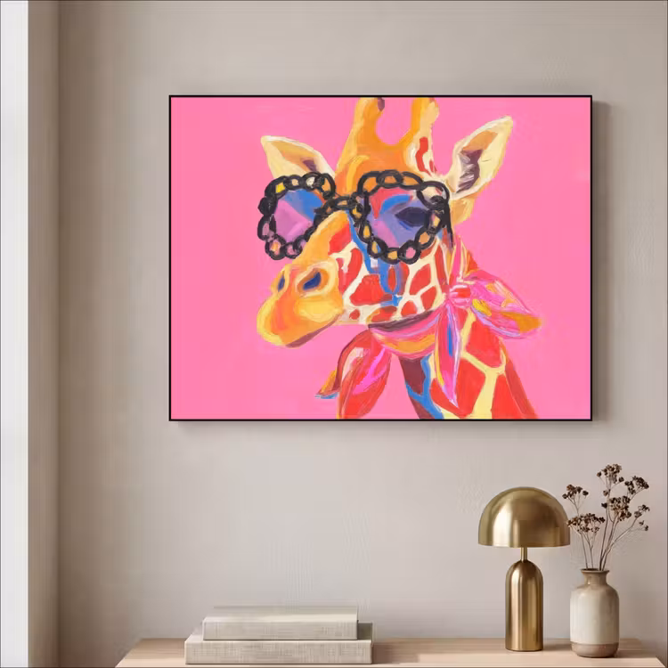 Giraf - Roze - Bril - Sjaal Textielframe zwart klein -sfeer2