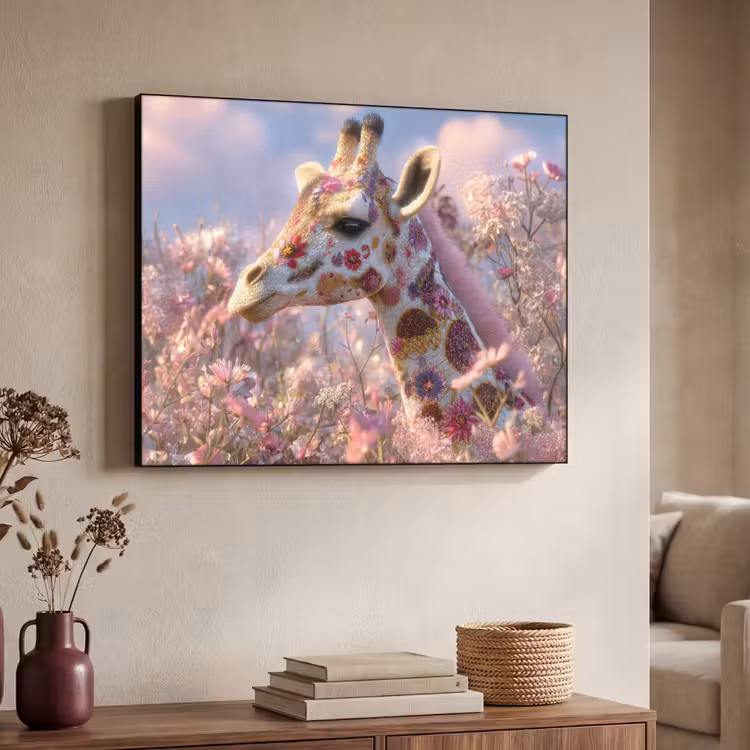 Giraffe - Bloemen - Roze Textielframe zwart klein -sfeer3