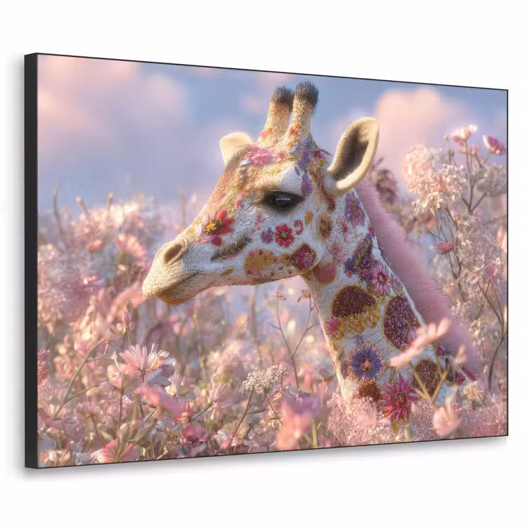 Giraffe - Bloemen - Roze Textielframe zwart klein -3d