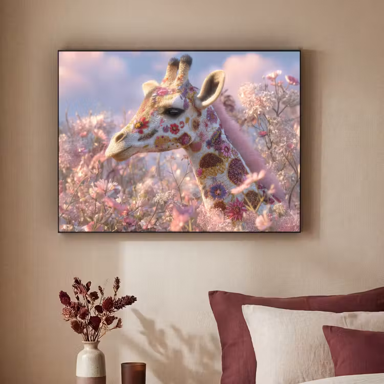 Giraffe - Bloemen - Roze Textielframe - compleet frame klein -sfeer1