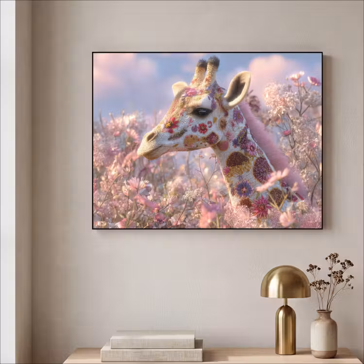 Giraffe - Bloemen - Roze Textielframe - compleet frame klein -sfeer2