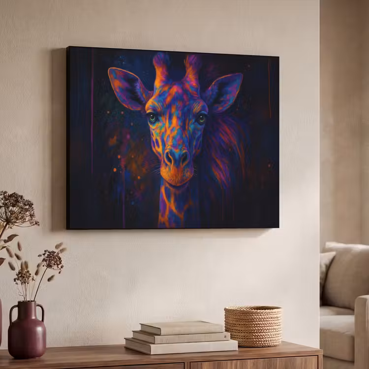 Giraffe - Gekleurd - Verfspatten Textielframe zwart klein -sfeer3