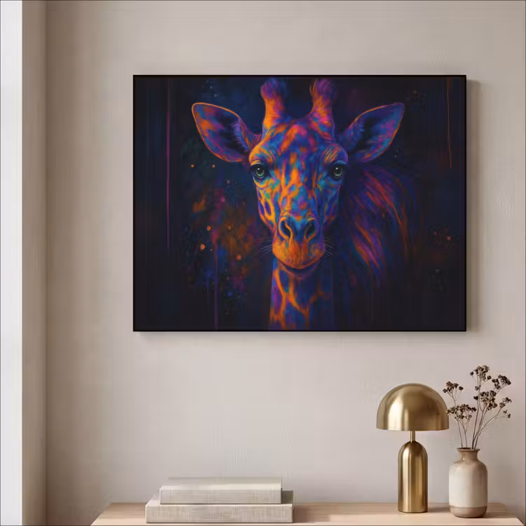 Giraffe - Gekleurd - Verfspatten Textielframe zwart klein -sfeer2
