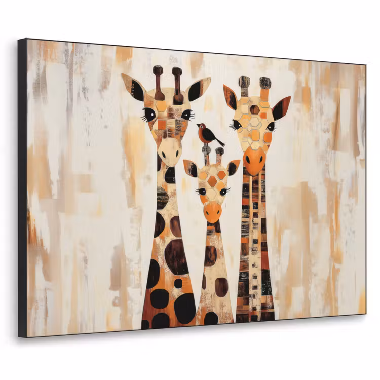 Giraffen - Cartoon - Crème Textielframe zwart klein -3d