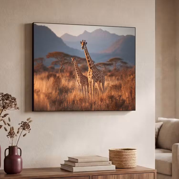 Giraffen - Hoog gras - Acaciabomen Textielframe - compleet frame klein -sfeer3