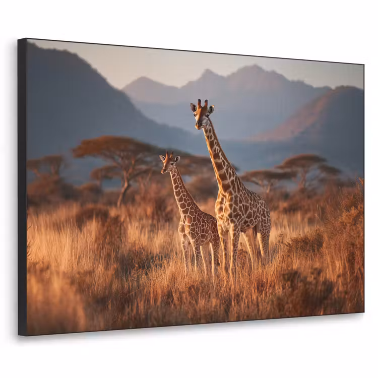 Giraffen - Hoog gras - Acaciabomen Textielframe zwart klein -3d