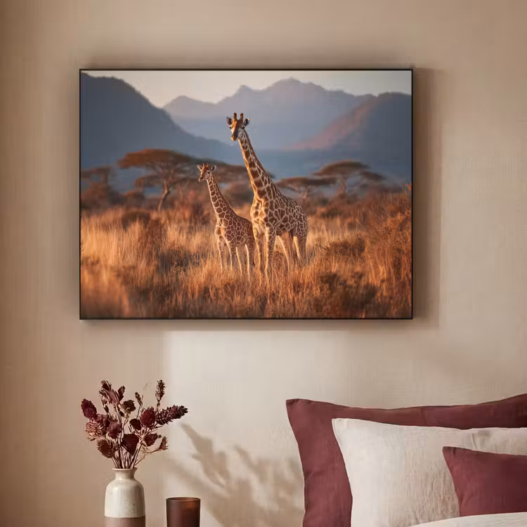 Giraffen - Hoog gras - Acaciabomen Textielframe - compleet frame klein -sfeer1