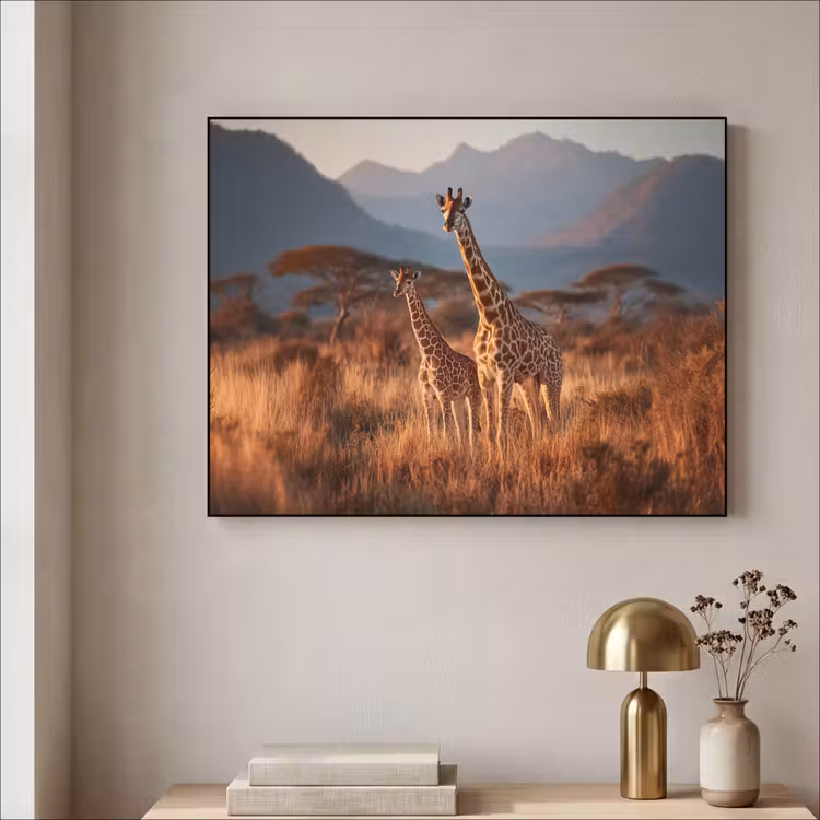 Giraffen - Hoog gras - Acaciabomen Textielframe - compleet frame klein -sfeer2