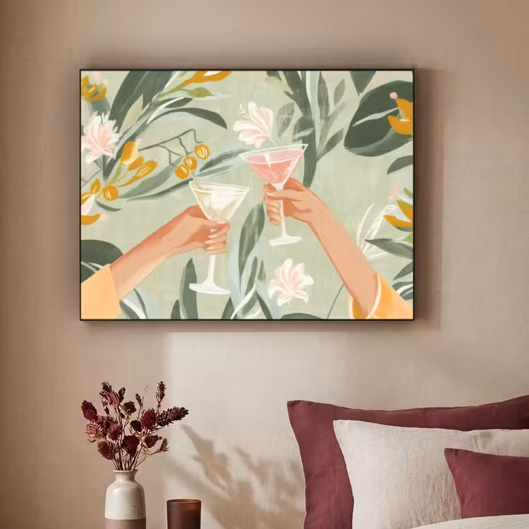 Glazen - Proosten - Bladeren - Groen Textielframe - compleet frame klein -sfeer1