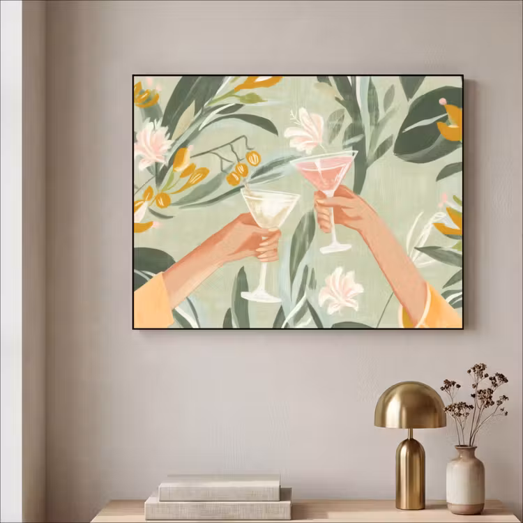 Glazen - Proosten - Bladeren - Groen Textielframe - compleet frame klein -sfeer2