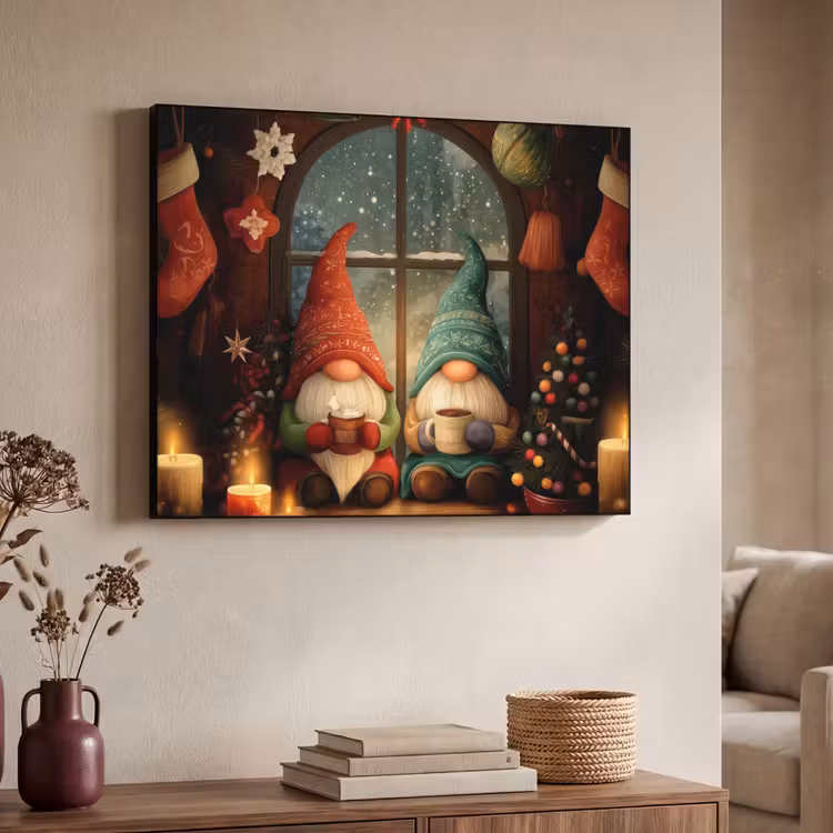 Gnooms - Kerst - Raam - Kleurrijk Textielframe - compleet frame klein -sfeer3