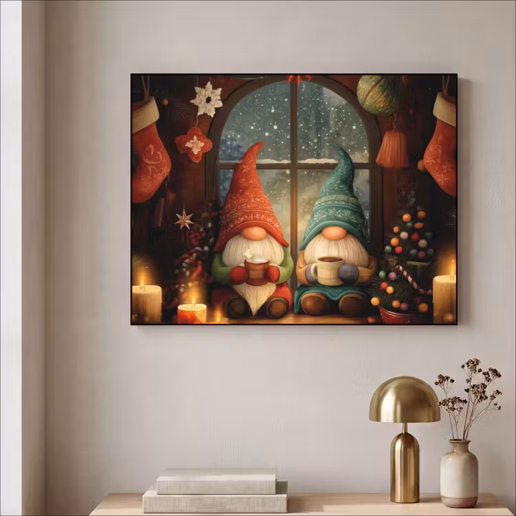 Gnooms - Kerst - Raam - Kleurrijk Textielframe zwart klein -sfeer2