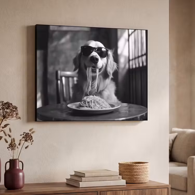 Golden Retriever - Hond - Vrolijk -  Bord spaghetti - Zwart - wit Textielframe - compleet frame klein -sfeer3