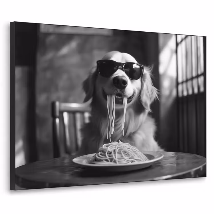 Golden Retriever - Hond - Vrolijk -  Bord spaghetti - Zwart - wit Textielframe zwart klein -3d