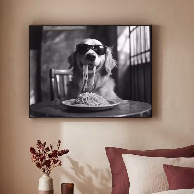 Golden Retriever - Hond - Vrolijk -  Bord spaghetti - Zwart - wit Textielframe - compleet frame klein -sfeer1