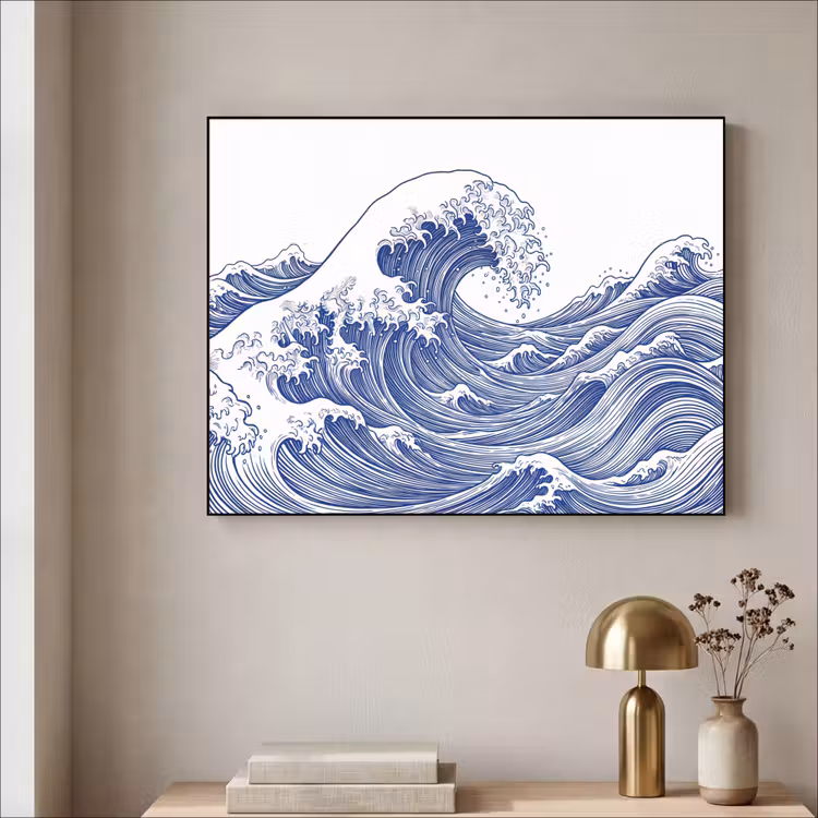 Golf - Japans - Zee - Illustratie - Blauw Textielframe zwart klein -sfeer2