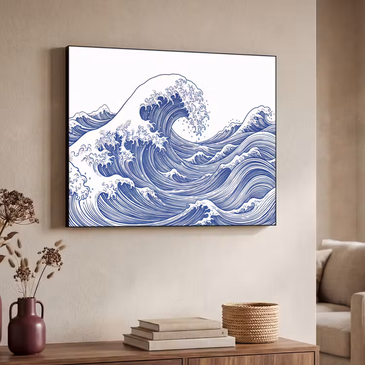 Golf - Japans - Zee - Illustratie - Blauw Textielframe zwart klein -sfeer3
