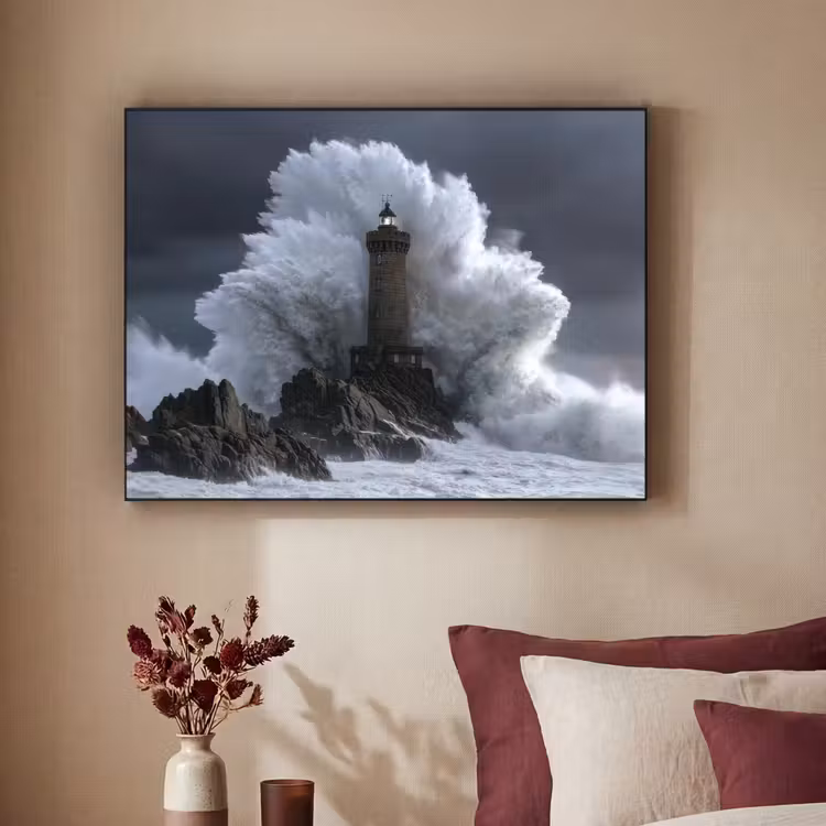 Golf - Vuurtoren - Schuimend water Textielframe zwart klein -sfeer1