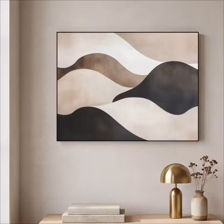 Golven - Abstract - Beige Textielframe zwart klein -sfeer2